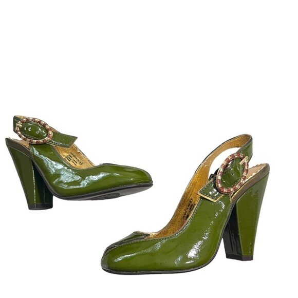 Naughty Monkey heels Women's 6.5 green patent leather peep toe slingback block h - Picture 7 of 12